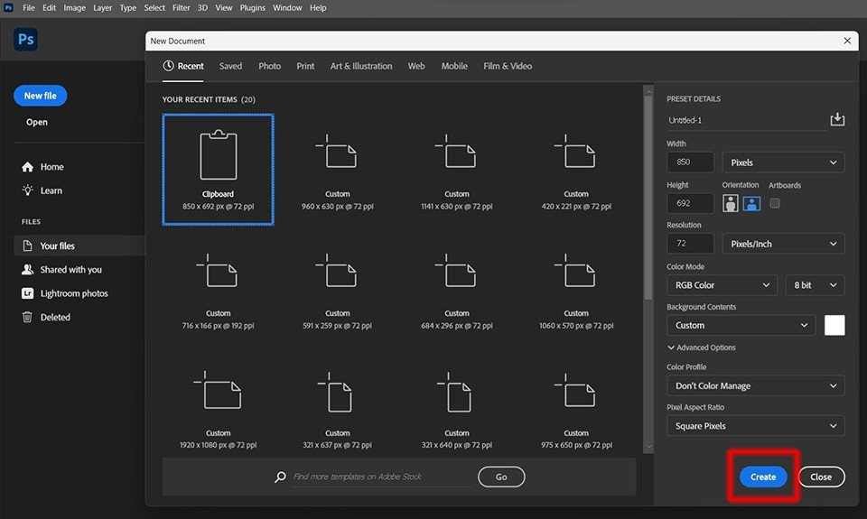 Hộp thoại New Document trong Photoshop cho phép thiết lập kích thước và thông số file