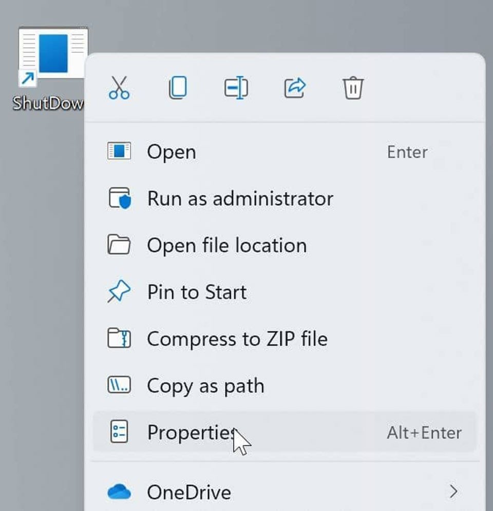 Hộp thoại Properties của lối tắt tắt máy