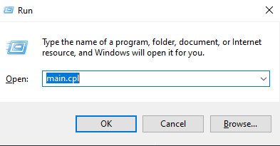 Hộp thoại Run để mở cài đặt chuột laptop