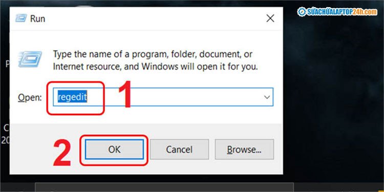 Hộp thoại Run trên Windows, hướng dẫn nhập lệnh regedit để điều chỉnh cài đặt Numlock trên laptop Asus