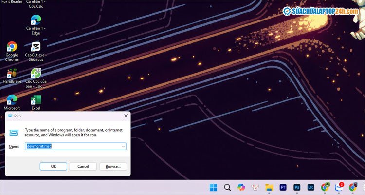 Hộp thoại Run trên Windows, nhập lệnh devmgmt.msc để mở Device Manager