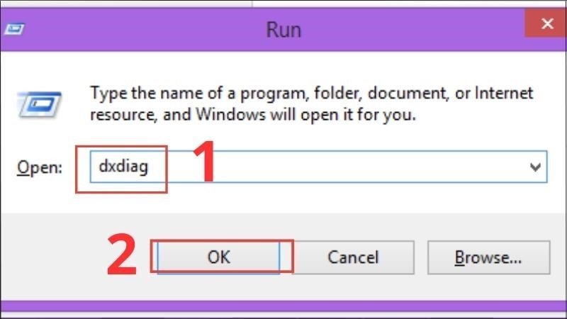 Hộp thoại Run với lệnh 'dxdiag' để bắt đầu kiểm tra thông tin laptop