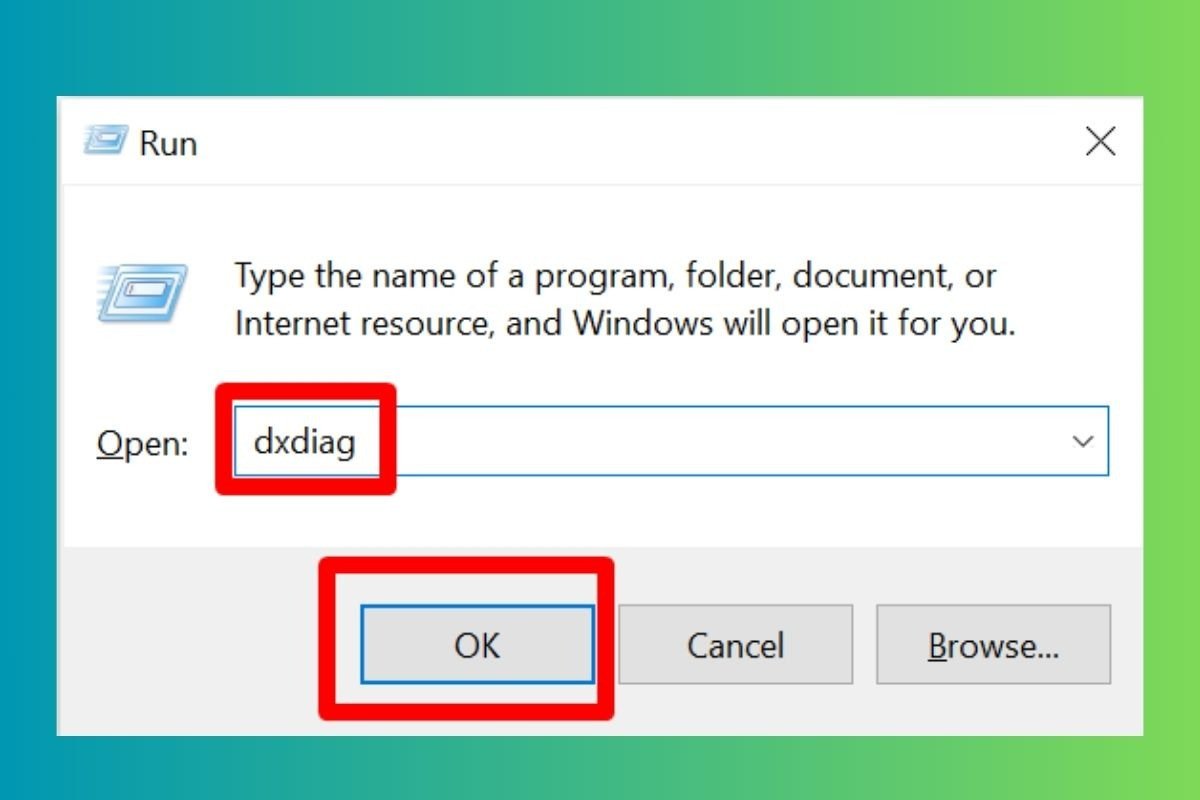 Hộp thoại Run với lệnh dxdiag, hướng dẫn kiểm tra thông tin đồ họa và âm thanh trên laptop Dell.