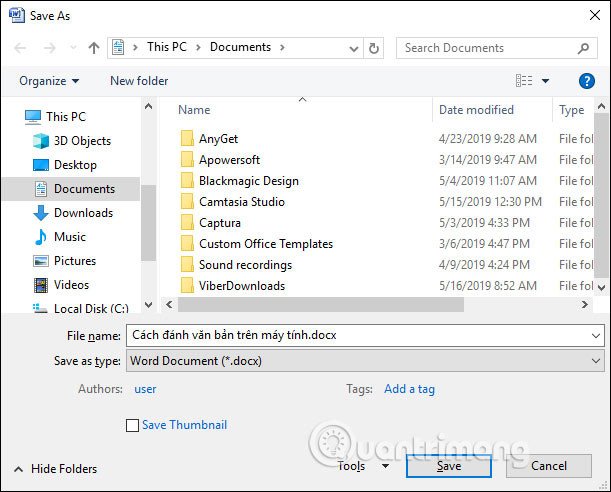 Hộp thoại Save As hiển thị lựa chọn thư mục và đặt tên file khi lưu tài liệu gõ trên laptop.