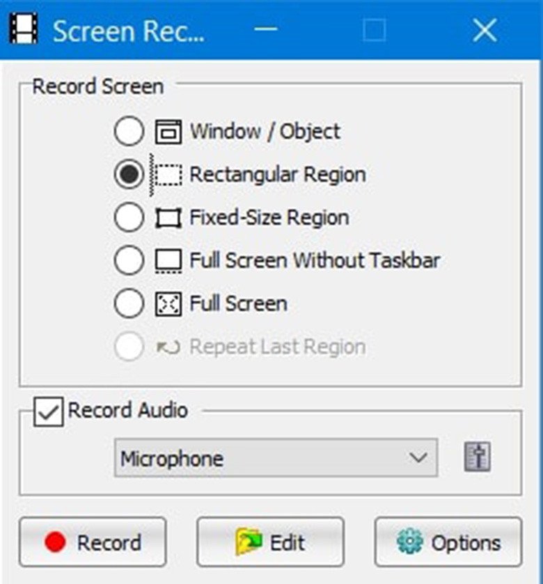 Hộp thoại Screen Recorder trong FastStone Capture, hiển thị các tùy chọn quay video màn hình trên Windows 10