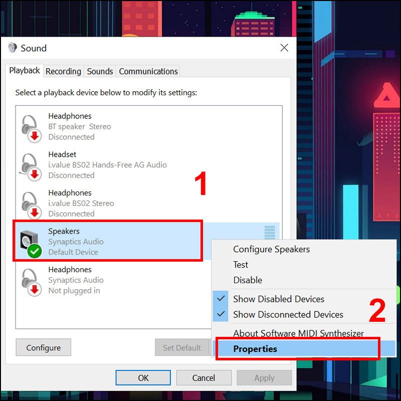 Hộp thoại Speakers Properties hiển thị các tùy chọn cài đặt âm thanh cho loa laptop