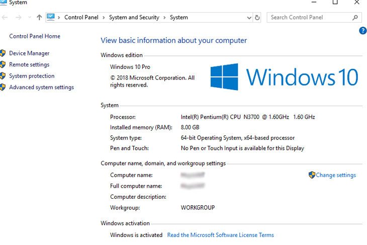 Hộp thoại System Properties hiển thị chi tiết cấu hình laptop Windows 10.