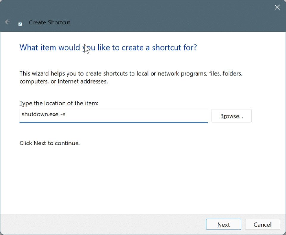 Hộp thoại tạo Shortcut nhập lệnh shutdown.exe s