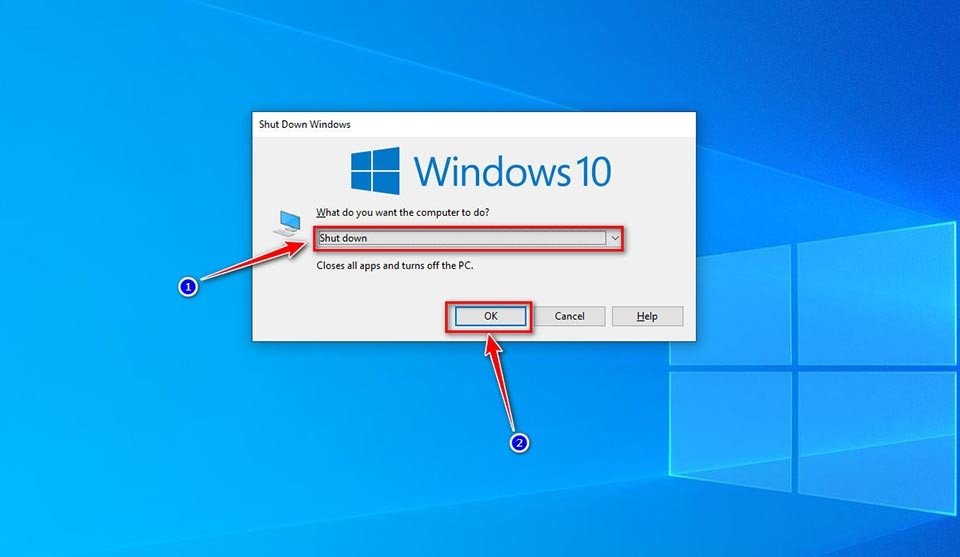 Hộp thoại tắt máy hiện ra khi sử dụng tổ hợp phím Alt F4 trên laptop Dell.