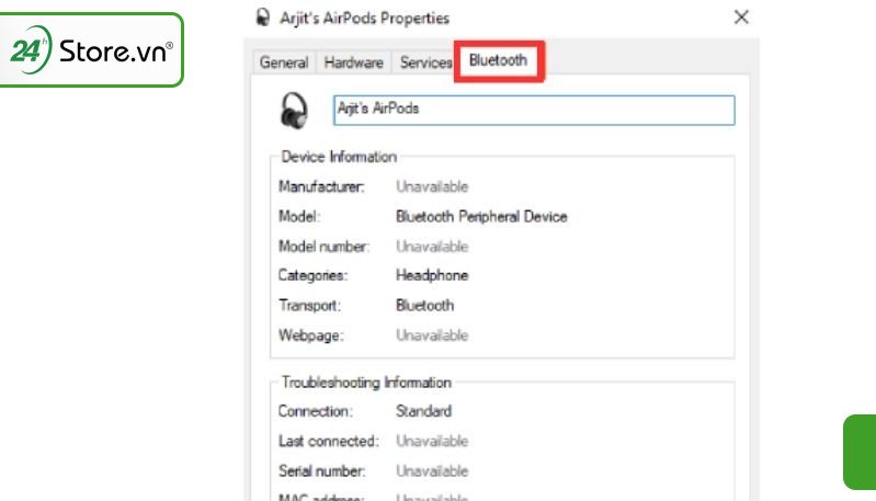 Hộp thoại thuộc tính của AirPods trên Windows, cho phép đổi tên thiết bị qua tab Bluetooth