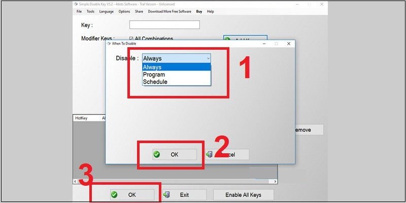 Hộp thoại tùy chọn vô hiệu hóa phím trong Simple Disable Key, cho phép thiết lập chế độ luôn tắt, theo chương trình hoặc theo lịch.