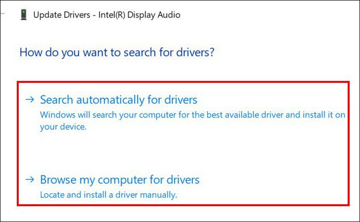 Hộp thoại Update drivers với các tùy chọn tìm kiếm và cài đặt driver