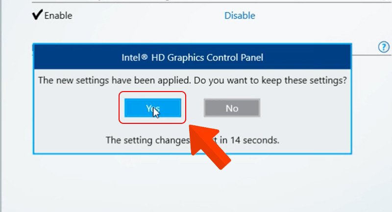 Hộp thoại xác nhận thay đổi cài đặt đồ họa Intel