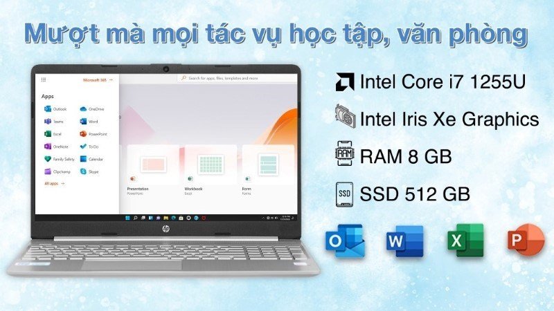 HP 15s fq5147TU i7 màu bạc trên bàn làm việc, thể hiện sự mạnh mẽ và đa năng, phù hợp cho nhiều nhu cầu