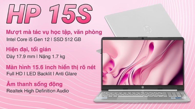 HP 15s fq5162TU i5 màu bạc đang hiển thị trên màn hình, tối ưu cho việc học và làm việc