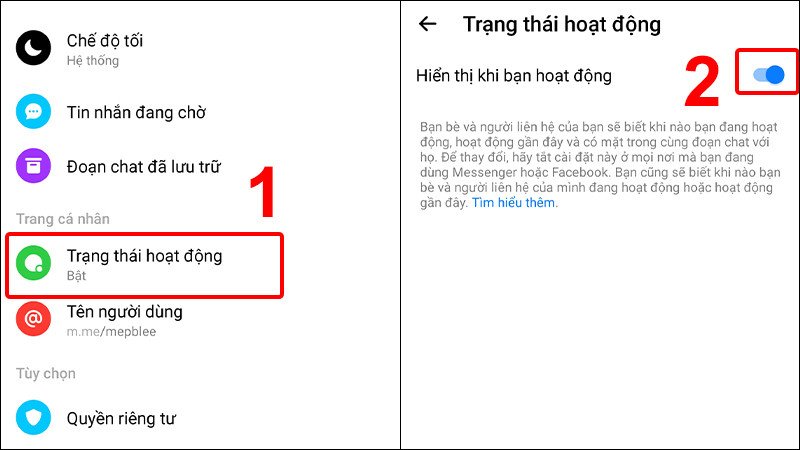 Hướng dẫn tắt trạng thái hoạt động trong cài đặt ứng dụng Messenger trên điện thoại.