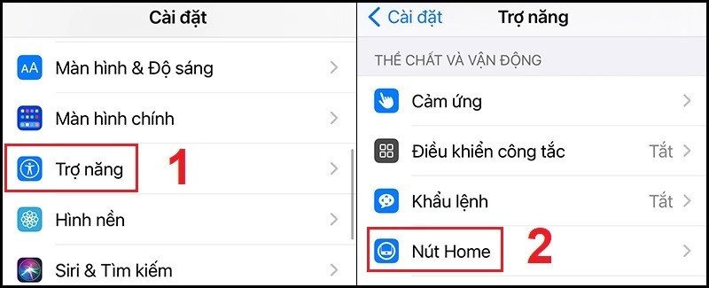 Hướng dẫn tắt Voice Control cho iPhone có nút Home, chọn "Nút Home" trong cài đặt Trợ năng.