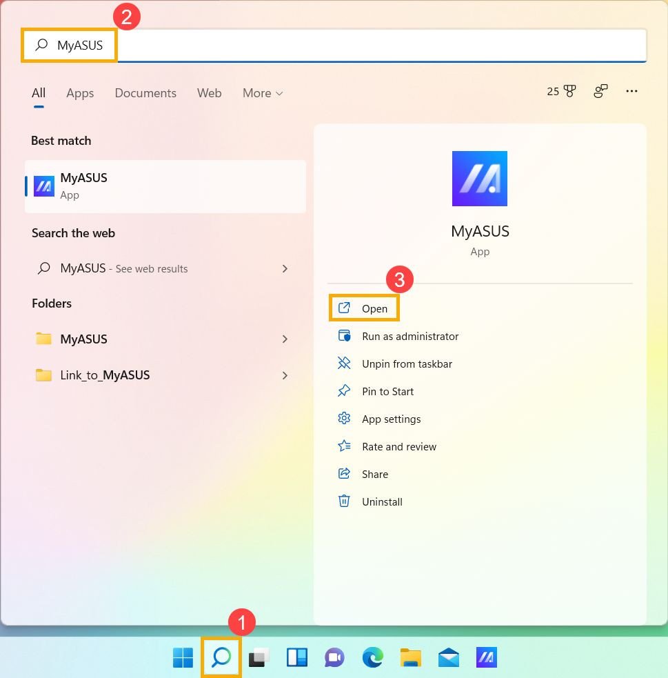 Hướng dẫn tìm kiếm ứng dụng MyASUS trên Windows 11 để cài đặt phím chức năng