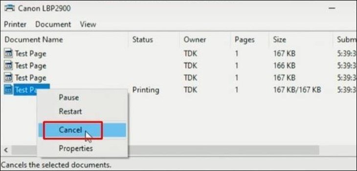 Hủy lệnh in đã chọn trong cửa sổ hàng đợi in