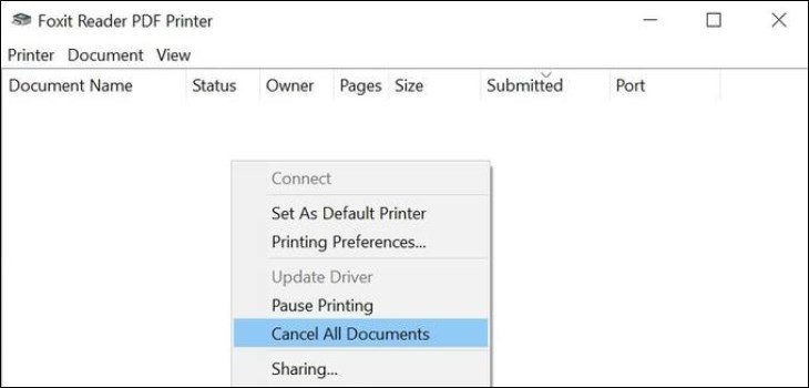 Hủy tất cả các tài liệu trong hàng đợi in