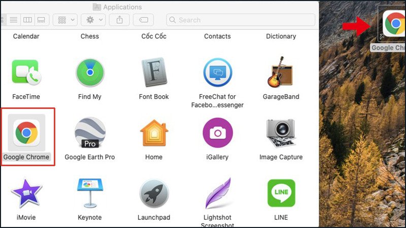 Kéo biểu tượng Google Chrome từ Applications ra màn hình nền MacBook
