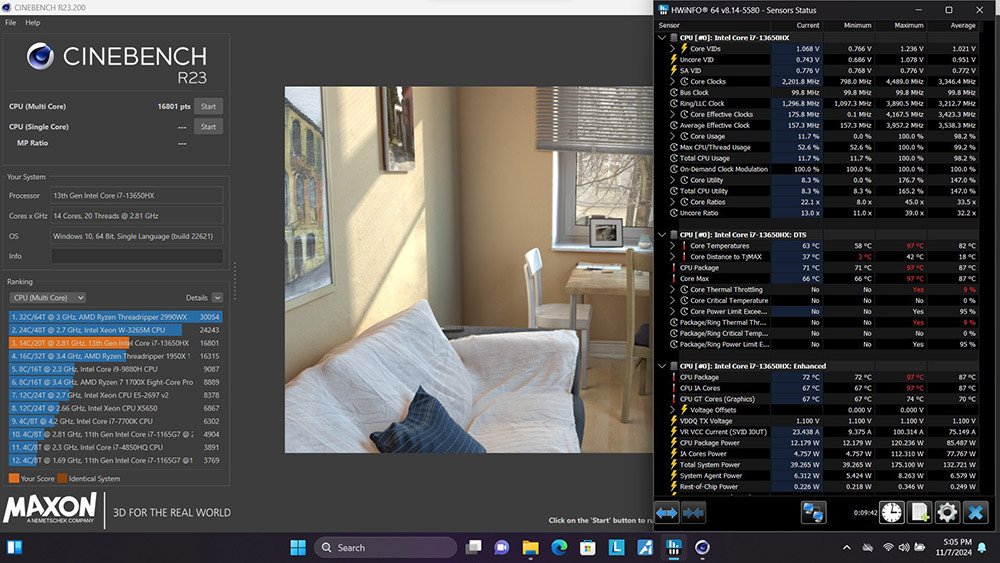 Kết quả benchmark Cinebench R23 của bộ vi xử lý Intel Core i7 trên Lenovo LOQ 15IRX9