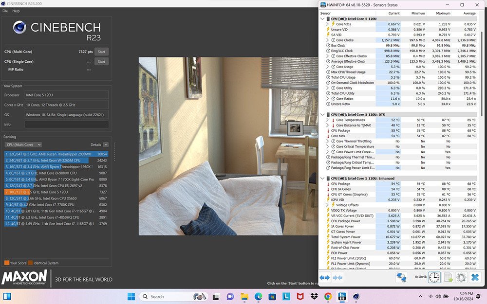 Kết quả benchmark hiệu năng CPU của laptop Lenovo IdeaPad Slim 5 15IRU9 83D00003VN bằng Cinebench R23, thể hiện khả năng tản nhiệt hiệu quả
