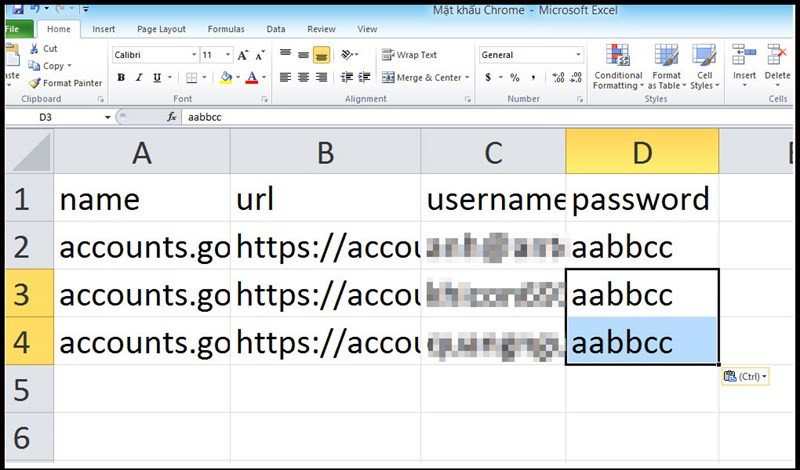 Kết quả file Excel sau khi xuất danh sách mật khẩu Gmail và các tài khoản khác