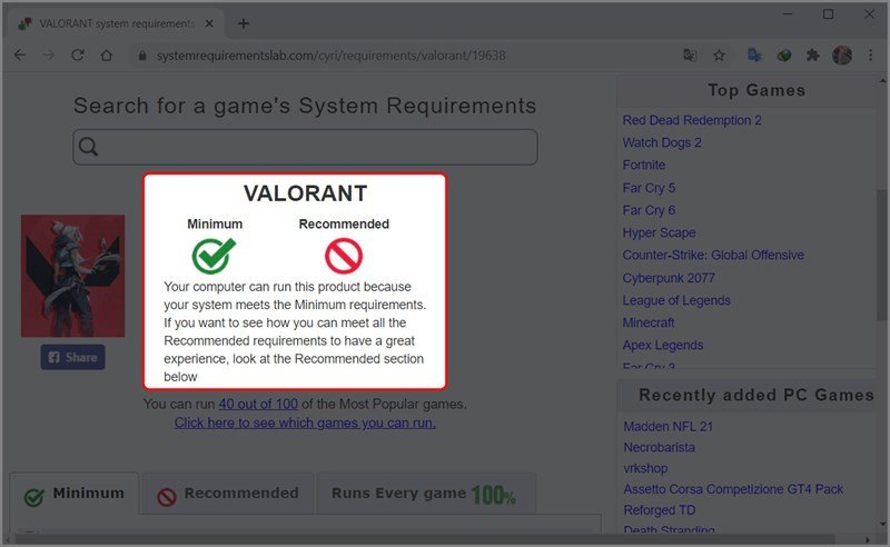 Kết quả kiểm tra cấu hình máy tính cho Valorant