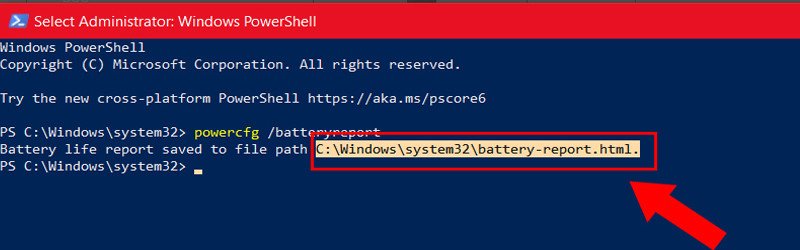 Kết quả lệnh powercfg /batteryreport hiển thị đường dẫn báo cáo pin laptop Dell