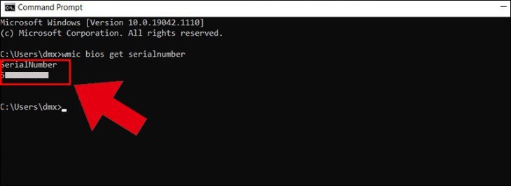 Kết quả lệnh wmic bios get serialnumber hiển thị Serial Number