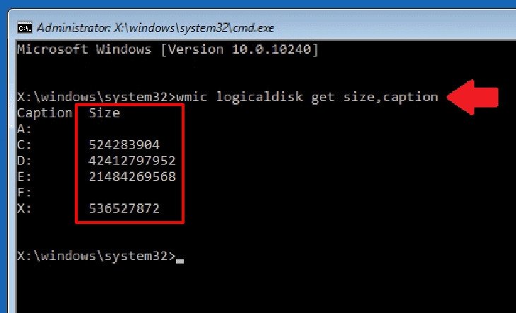 Kết quả lệnh wmic logicaldisk get size,caption hiển thị danh sách ổ đĩa trong Command Prompt