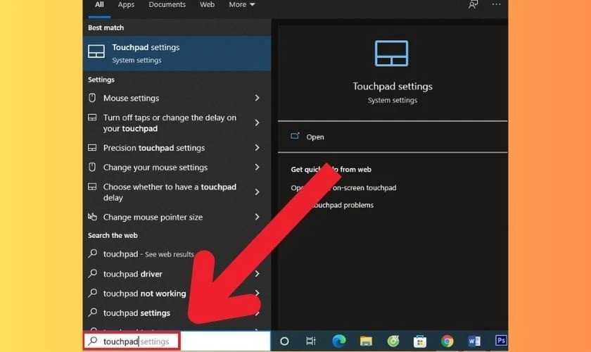 Kết quả tìm kiếm cho "touchpad settings" trong Windows, dẫn đến cài đặt chuột cảm ứng.
