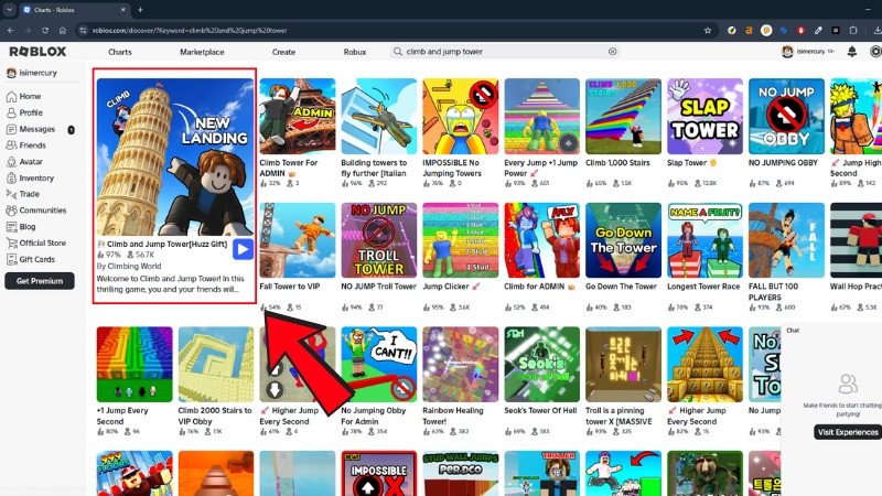 Kết quả tìm kiếm game Roblox, người dùng có thể chọn để chơi ngay trên máy tính