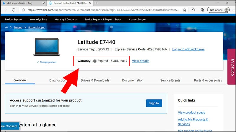 Kết quả tra cứu hiển thị thời hạn bảo hành laptop Dell trên website chính thức của Dell