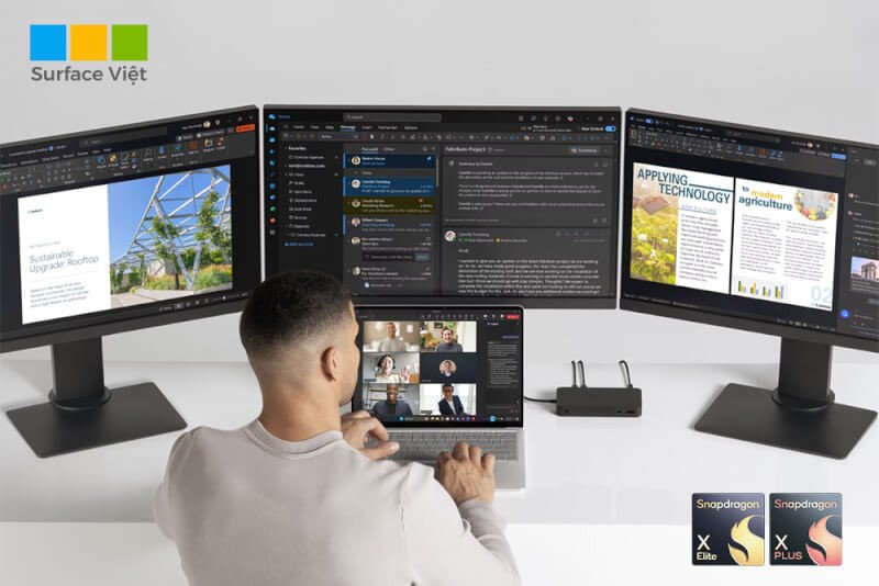 Khả năng kết nối đa dạng của **Surface Laptop 7** với các thiết bị ngoại vi