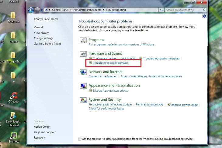 Khắc phục sự cố âm thanh bằng công cụ Troubleshoot audio playback