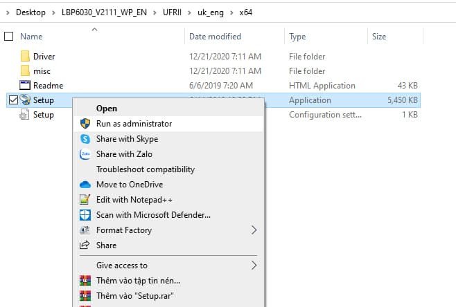 Khởi chạy file setup.exe để cài đặt driver máy in Canon 6030