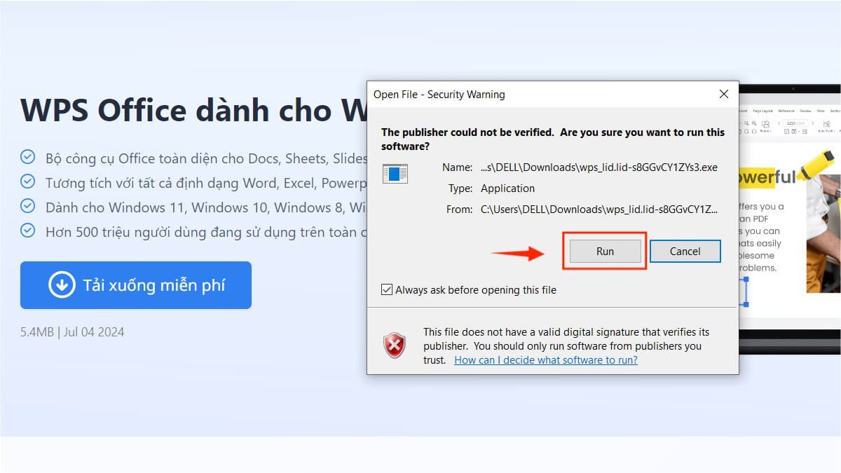 Khởi chạy tệp cài đặt WPS Office trên laptop