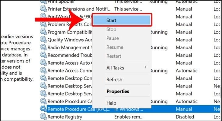 Khởi động các dịch vụ mạng quan trọng như Remote Procedure Call