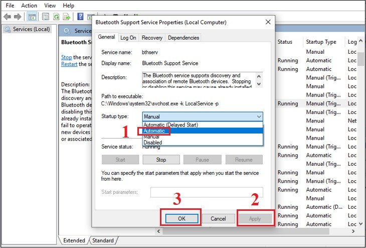 Khởi động lại Bluetooth Support Services