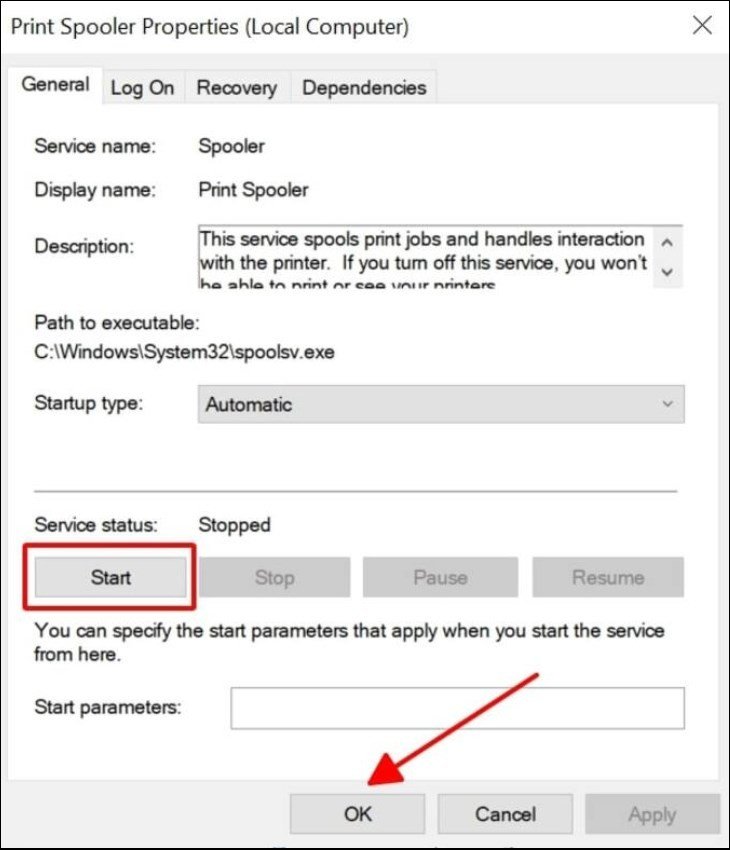 Khởi động lại dịch vụ Print Spooler sau khi đã hủy lệnh in