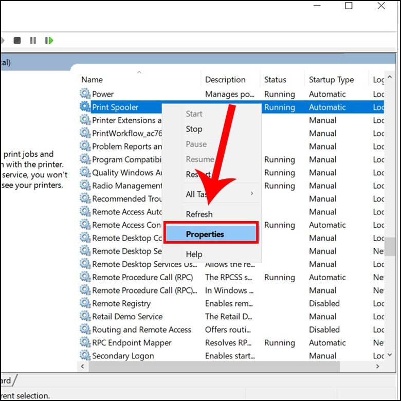 Khởi động lại dịch vụ Print Spooler trong Services để sửa lỗi laptop không nhận máy in.