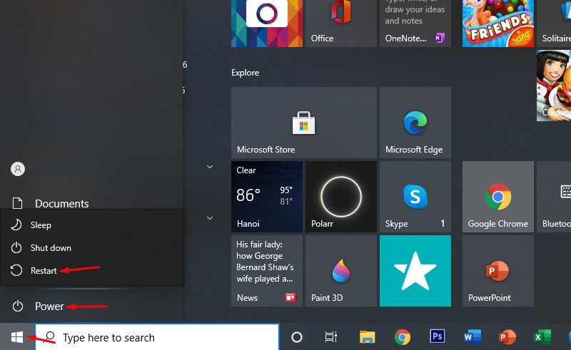 Khởi động lại laptop Lenovo để khắc phục lỗi bàn phím tạm thời