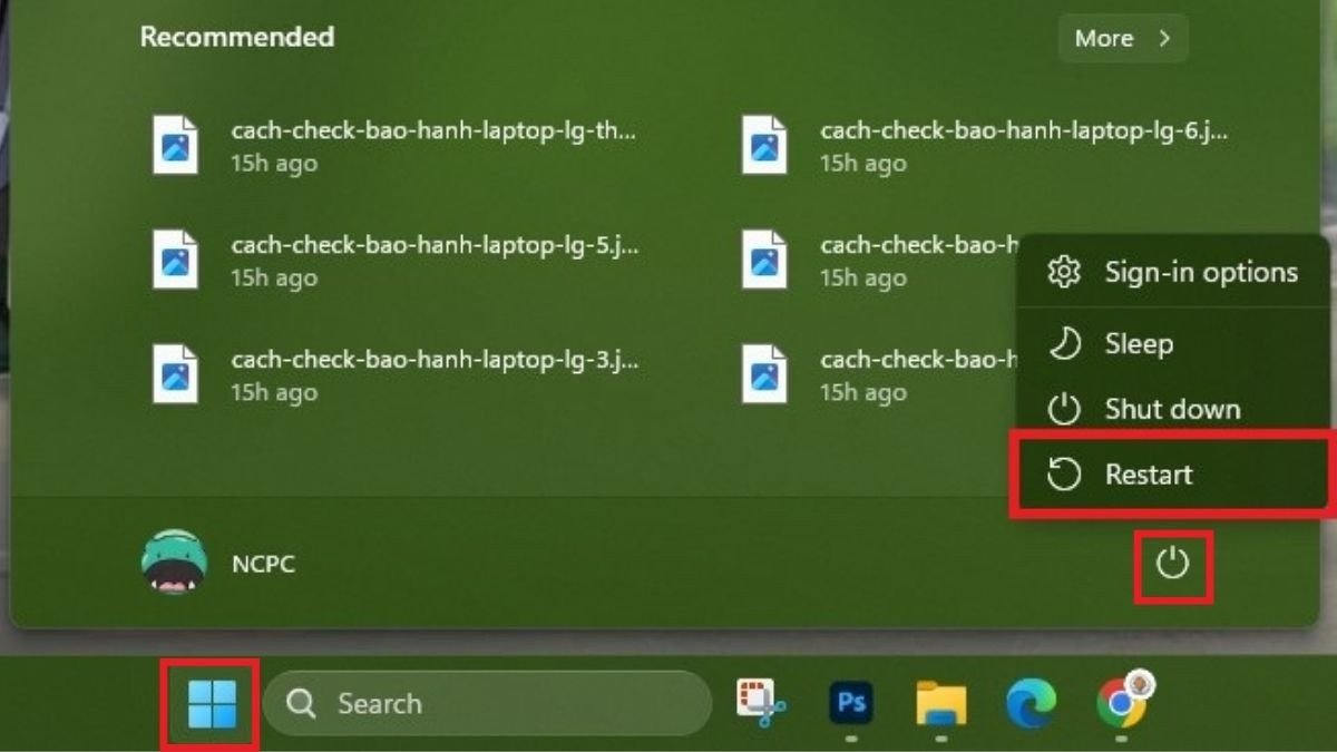 Khởi động lại laptop qua Menu Start Windows