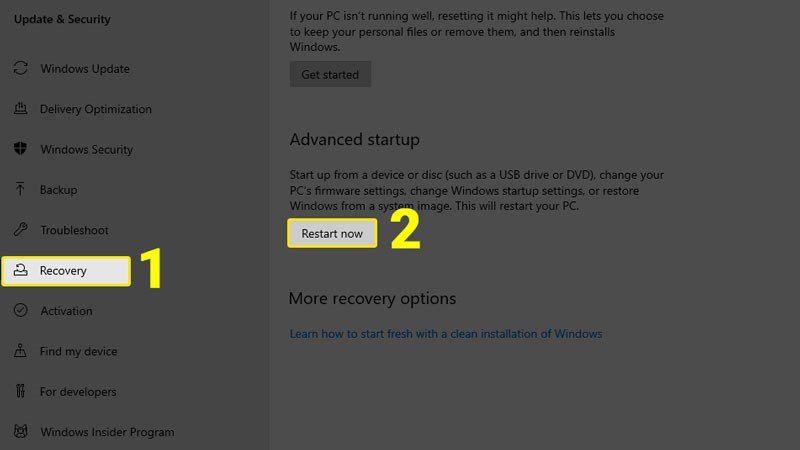 Khởi động lại máy tính vào chế độ nâng cao để thực hiện reset từ Boot
