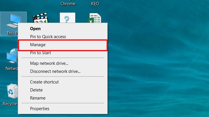 Kích chuột phải vào This PC và chọn Manage để kiểm tra card Wifi Intel