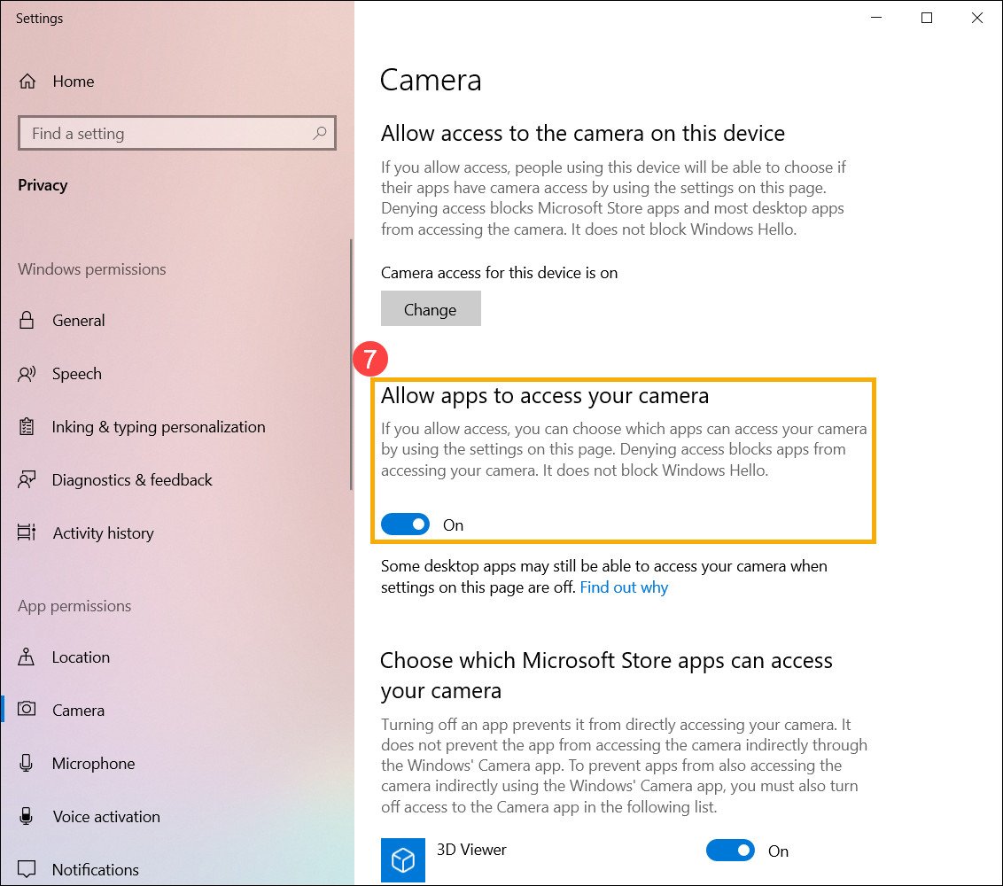 Kích hoạt "Allow apps to access your camera" trong cài đặt quyền riêng tư để sử dụng webcam Asus.