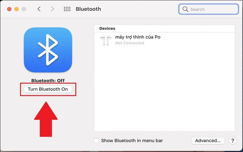 Kích hoạt Bluetooth trong cài đặt System Preferences của MacBook