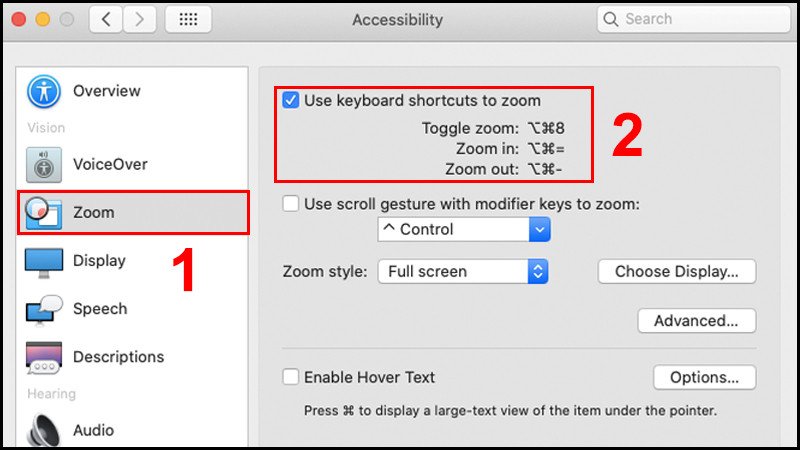 Kích hoạt các phím tắt zoom màn hình laptop trong cài đặt Zoom của macOS.